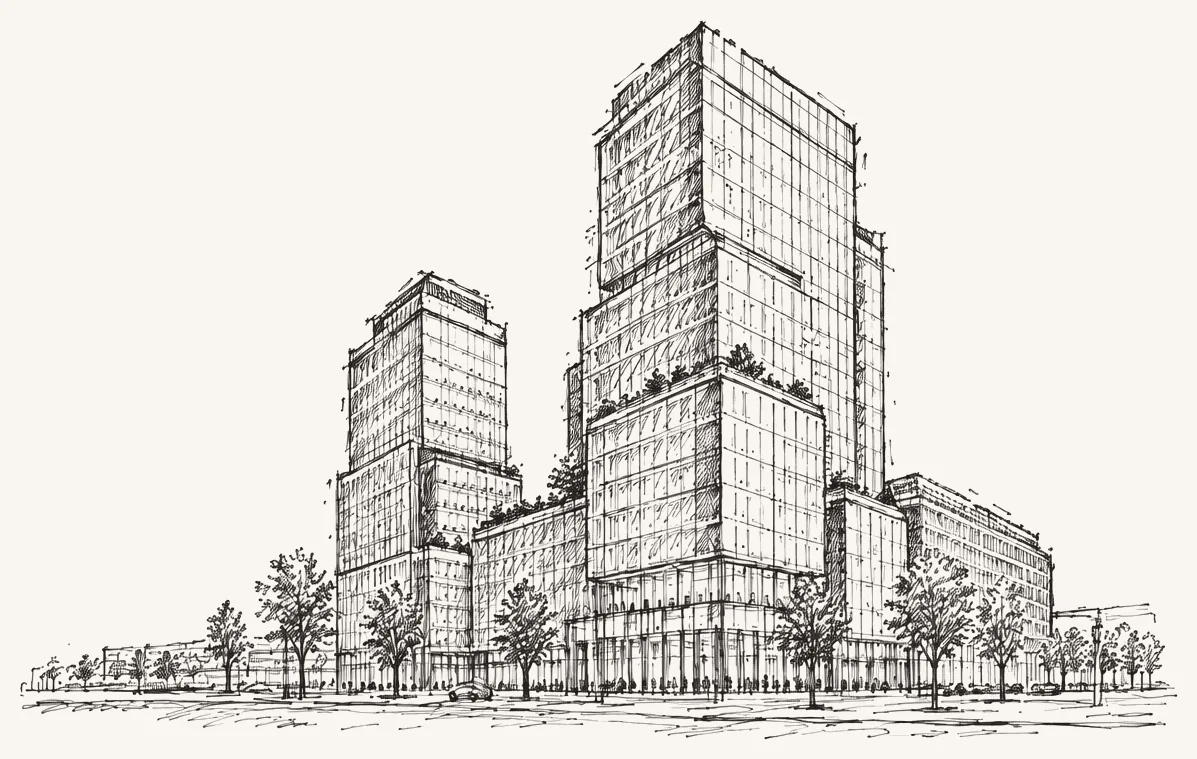 Lijnillustratie van moderne kantoortorens in Amsterdam West