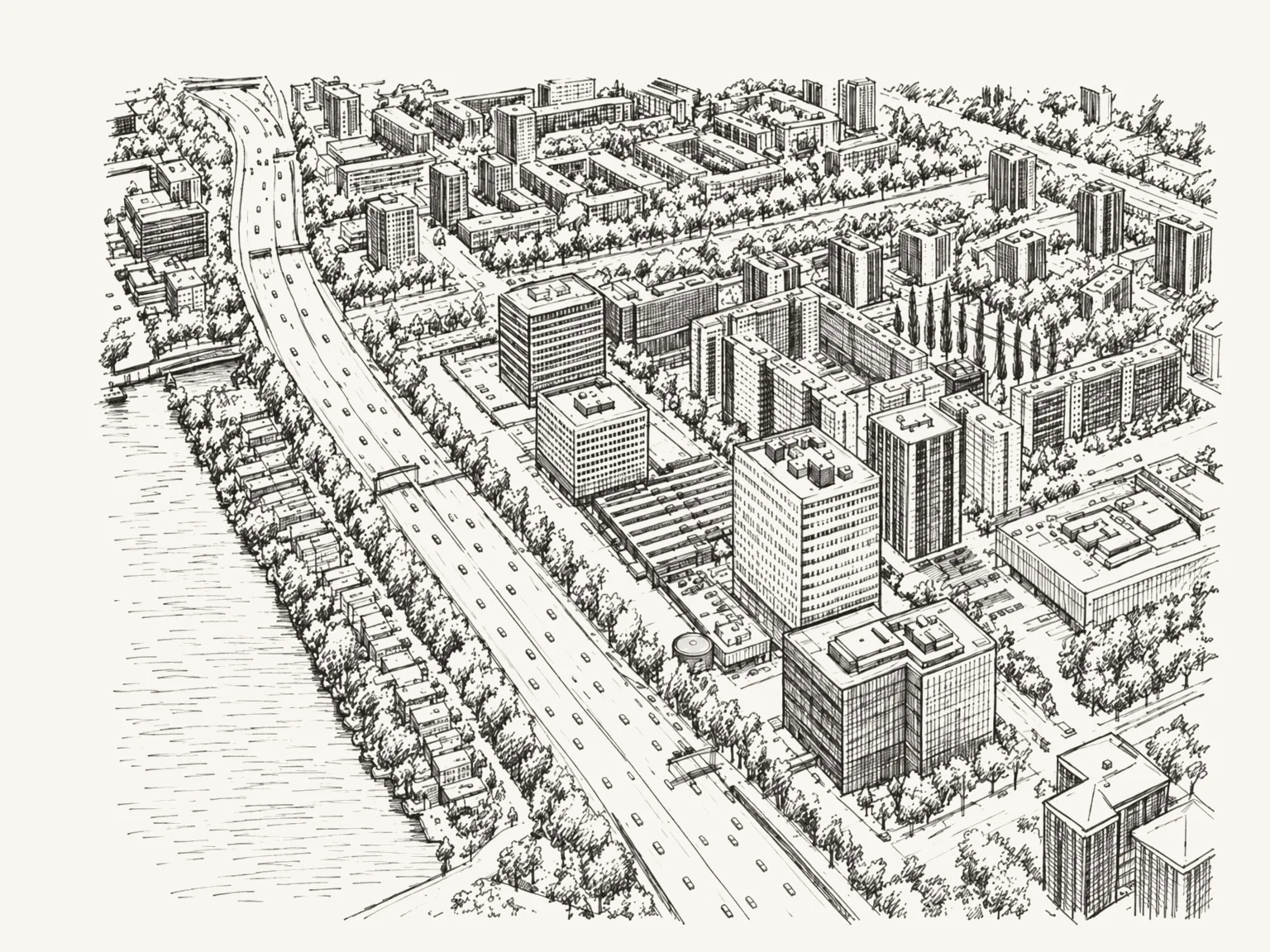 Lijnillustratie van een luchtfoto van kantoren en groen in Amsterdam West